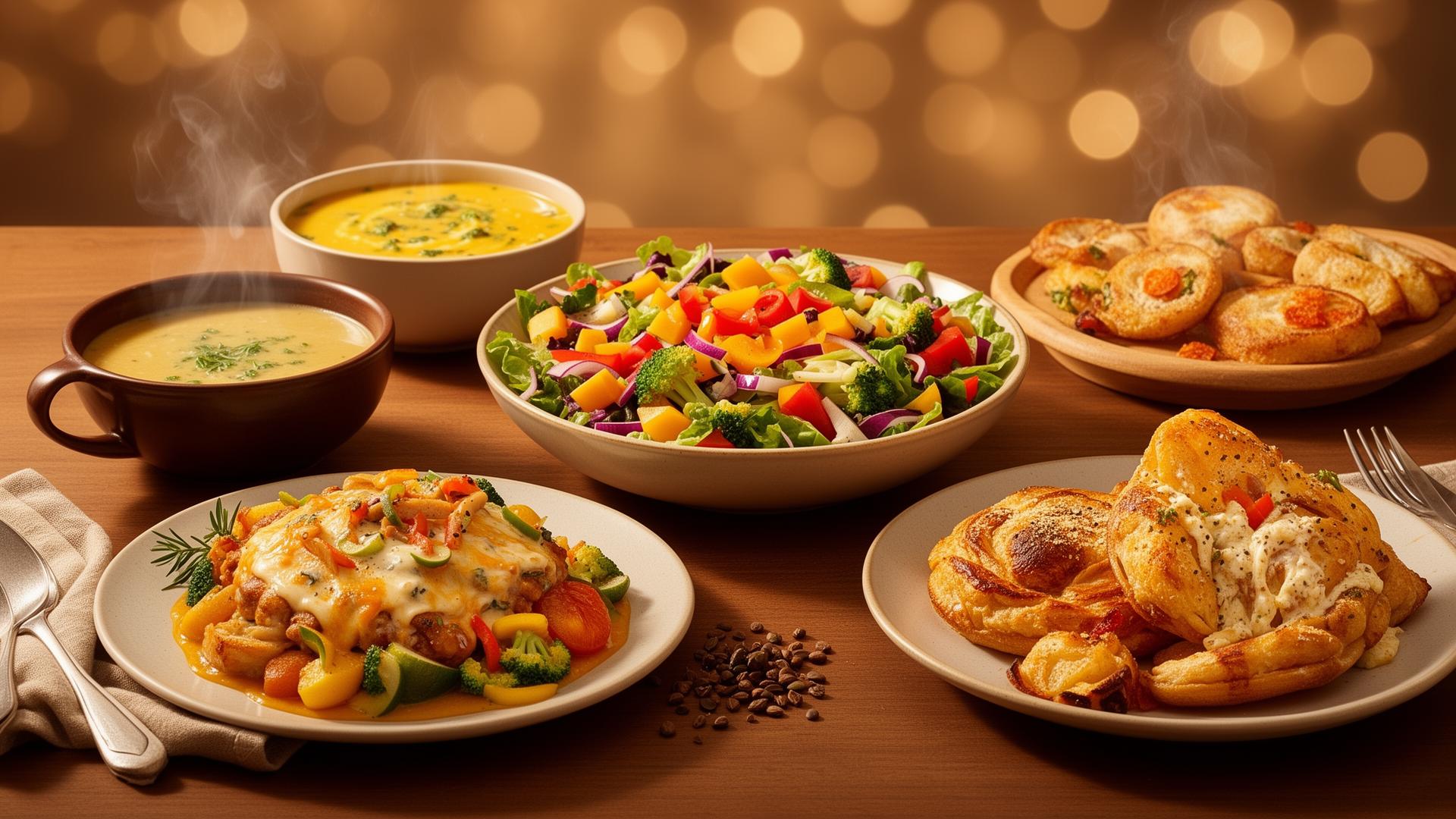 Variety of comfort foods matching different moods - soups, salads, and cozy meals